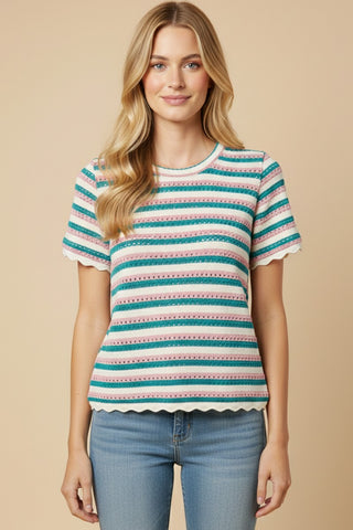 Scallop Lace Trim Striped Open Knit Top