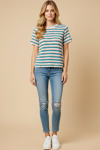 Scallop Lace Trim Striped Open Knit Top