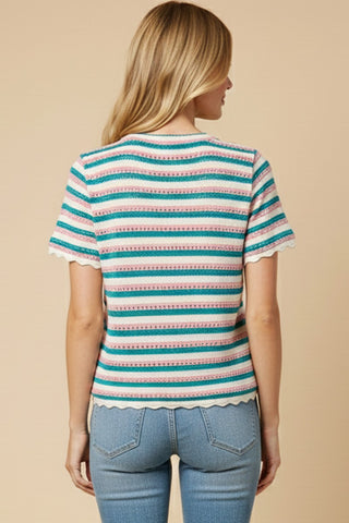 Scallop Lace Trim Striped Open Knit Top