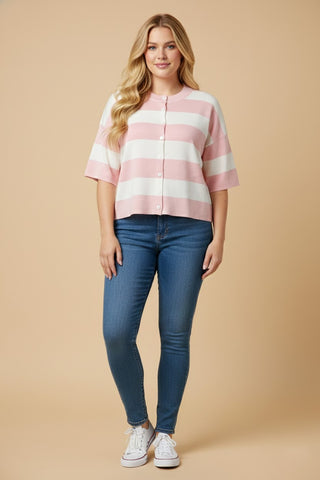 Curvy Striped Button-Down Knitted Top