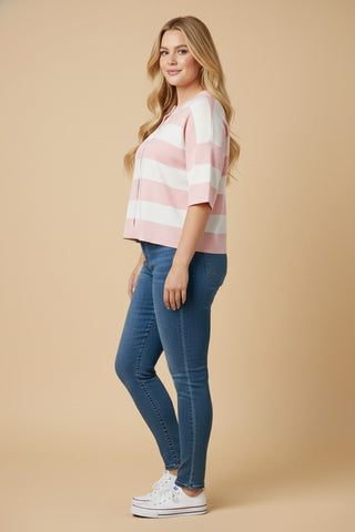 Curvy Striped Button-Down Knitted Top