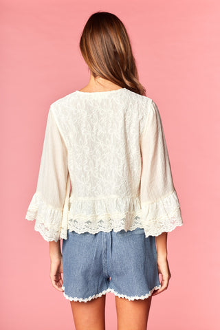 Lace Button-Front Blouse with Bell Cuffs