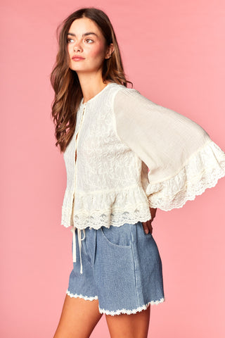 Lace Button-Front Blouse with Bell Cuffs