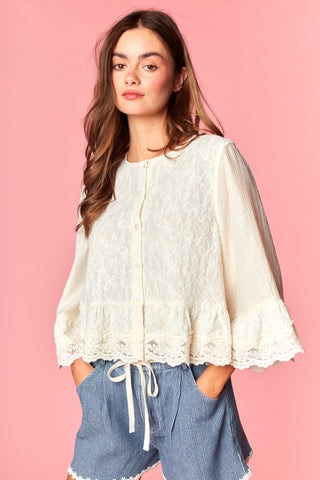 Lace Button-Front Blouse with Bell Cuffs