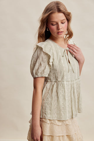 Embroidered Ruffle Sleeve Peplum Top