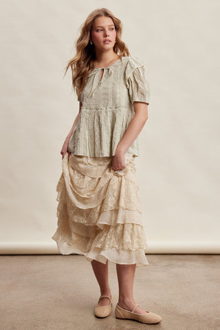 Embroidered Ruffle Sleeve Peplum Top