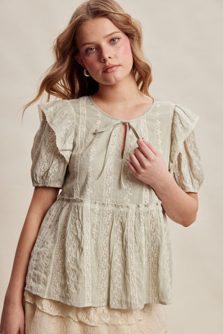Embroidered Ruffle Sleeve Peplum Top