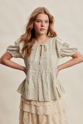 Embroidered Ruffle Sleeve Peplum Top