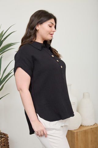 Curvy Collared Half Button SS Linen Top