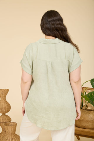 Curvy Collared Half Button SS Linen Top