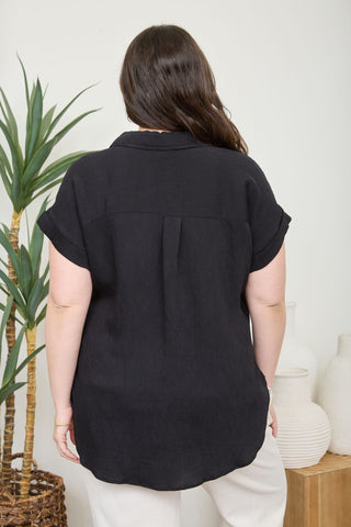 Curvy Collared Half Button SS Linen Top