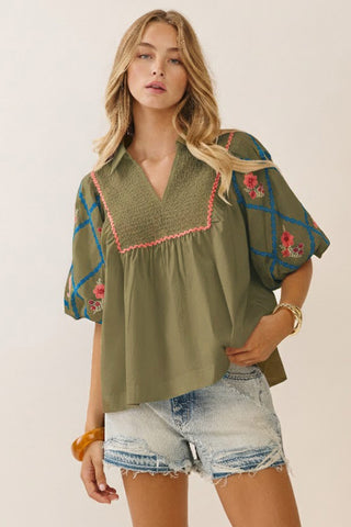 Curvy Cotton Poplin Embroidered Top