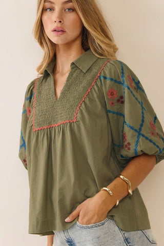 Curvy Cotton Poplin Embroidered Top