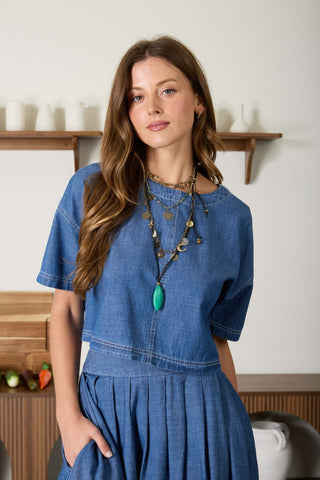Denim Pleated Skirt Cropped Top Set