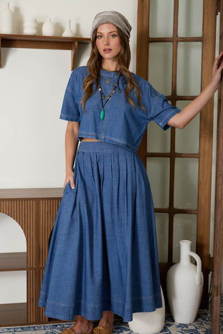 Denim Pleated Skirt Cropped Top Set
