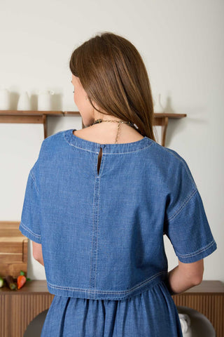 Denim Pleated Skirt Cropped Top Set
