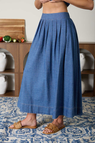 Denim Pleated Skirt Cropped Top Set