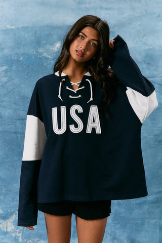 "USA" LS Color Blocked Oversized Shirts