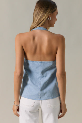 Halter Denim Button Down Oversize Vest