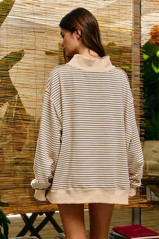 Stripe Print Mock Neck Oversized Sweatshirt
