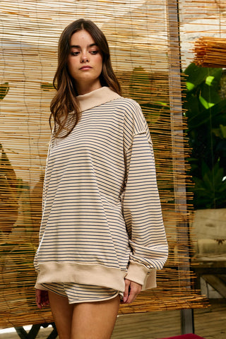 Stripe Print Mock Neck Oversized Sweatshirt