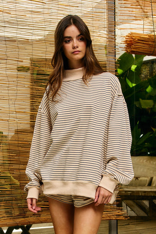 Stripe Print Mock Neck Oversized Sweatshirt