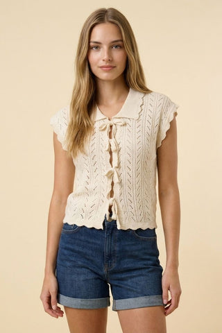 Tie Front Collared Fine Knit Top