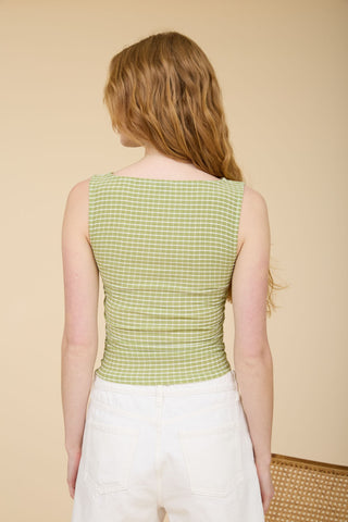 Plaid Boat Neck Sleeveless Knit Top