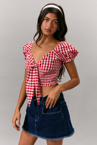 Puff Sleeve Gingham Top W/Tie Front