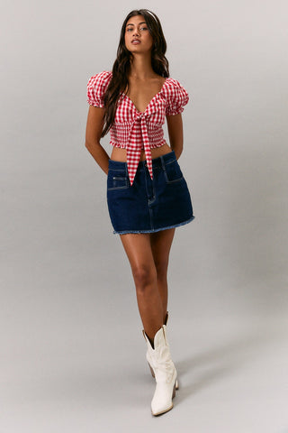 Puff Sleeve Gingham Top W/Tie Front
