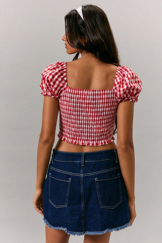Puff Sleeve Gingham Top W/Tie Front