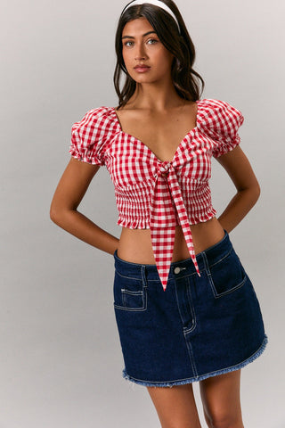 Puff Sleeve Gingham Top W/Tie Front