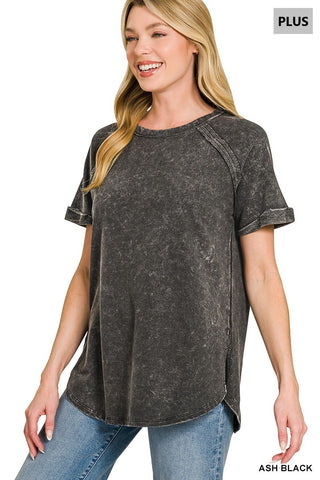 Curvy French Terry Washed Curved Hem Top