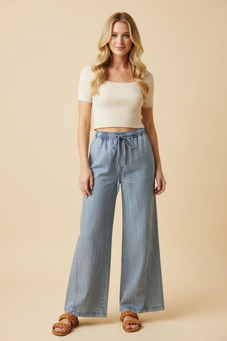 Curvy Drawstring Wide Leg Denim Pants