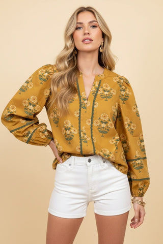 Mustard Floral Daisy Print Contrast Trim Puff Sleeve Blouse