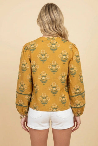 Mustard Floral Daisy Print Contrast Trim Puff Sleeve Blouse