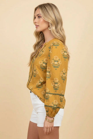 Mustard Floral Daisy Print Contrast Trim Puff Sleeve Blouse