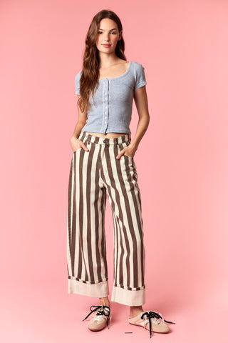 Stripe Rolled Up Barrel Printed Jeans