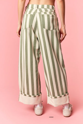 Stripe Rolled Up Barrel Printed Jeans