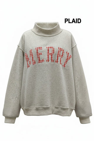 Appl Embr "MERRY" Varsity Mock Neck
