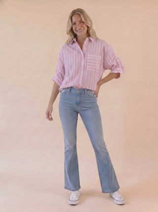 Stripe Boyfriend Shirt Ruched Sleeve