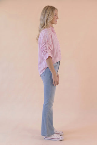 Stripe Boyfriend Shirt Ruched Sleeve