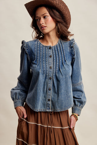 Pleated Ruffle Shoulder Denim Blouse