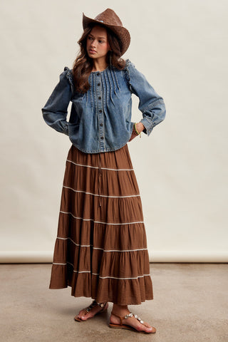 Pleated Ruffle Shoulder Denim Blouse