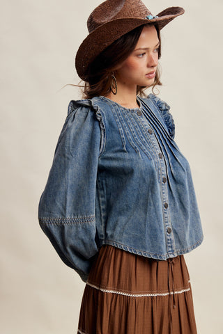 Pleated Ruffle Shoulder Denim Blouse