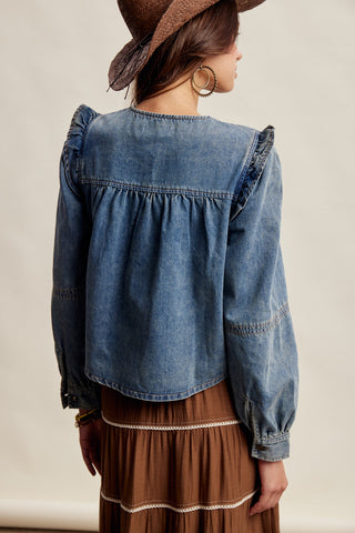 Pleated Ruffle Shoulder Denim Blouse