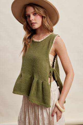 Lace Trim Side Tie Knit Peplum Top