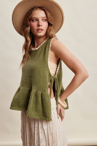 Lace Trim Side Tie Knit Peplum Top