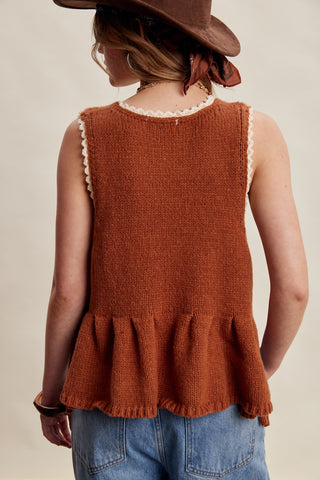 Lace Trim Side Tie Knit Peplum Top
