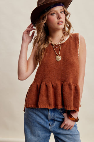 Lace Trim Side Tie Knit Peplum Top